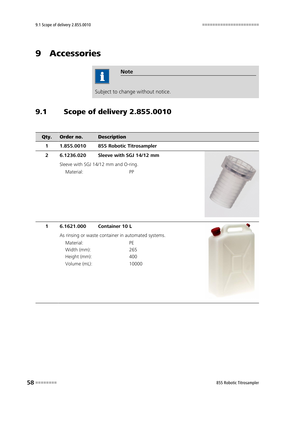 9 accessories, 1 scope of delivery 2.855.0010, Scope of delivery 2.855.0010 | Metrohm 855 Robotic Titrosampler User Manual | Page 66 / 85