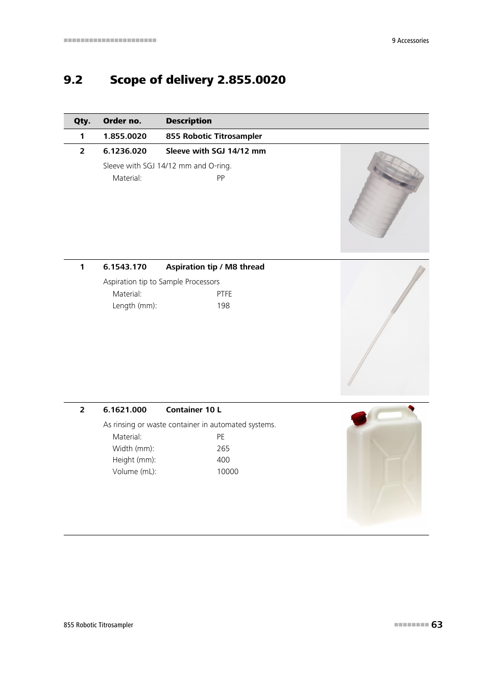 2 scope of delivery 2.855.0020, Scope of delivery 2.855.0020 | Metrohm 855 Robotic Titrosampler User Manual | Page 71 / 85