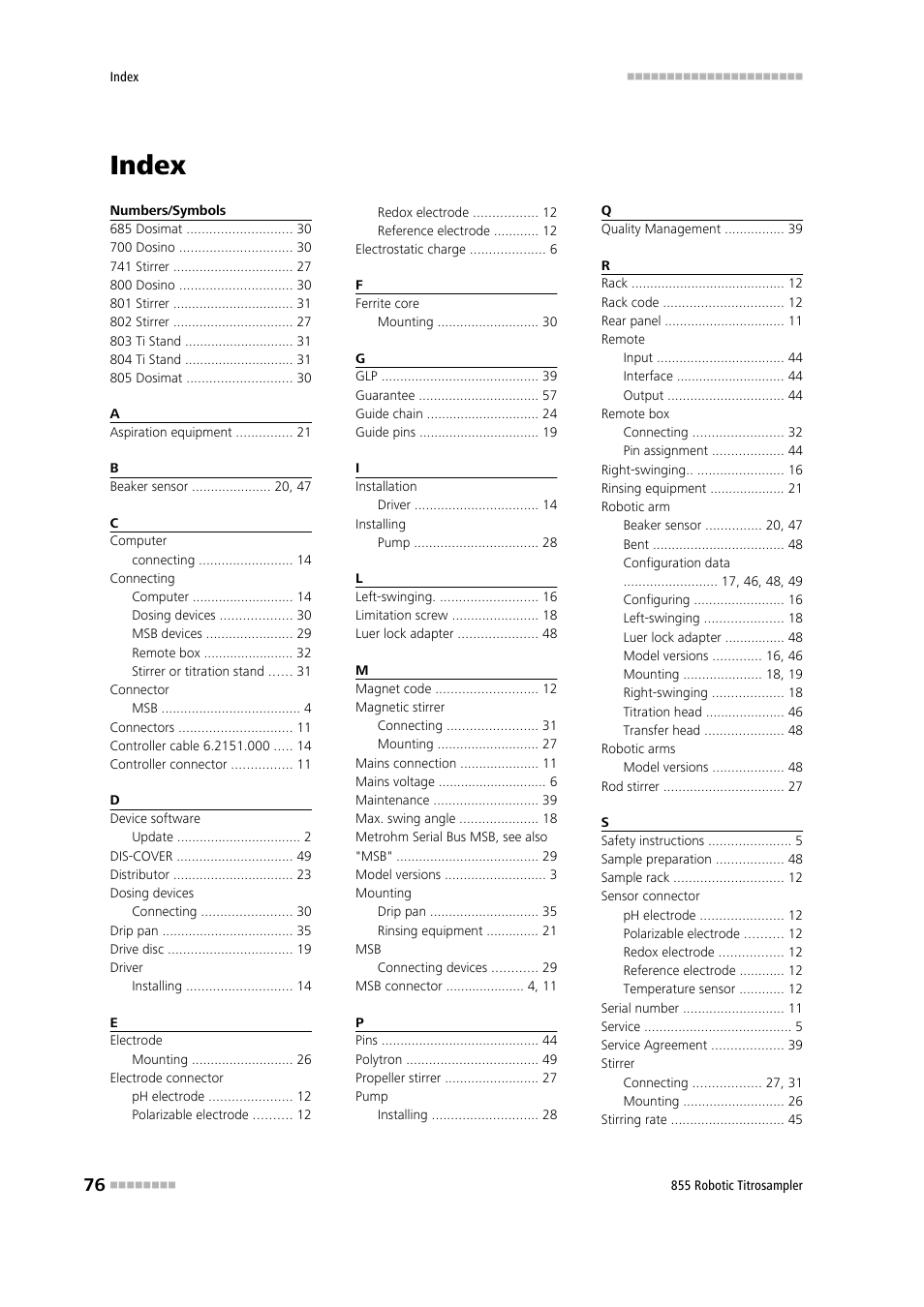 Index | Metrohm 855 Robotic Titrosampler User Manual | Page 84 / 85