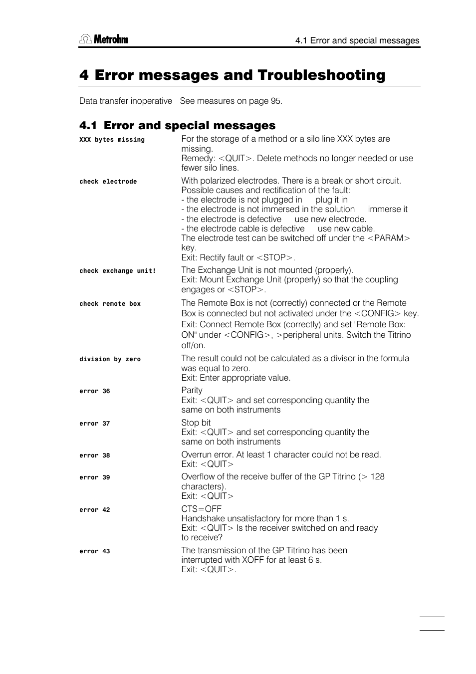 4 error messages and troubleshooting, 1 error and special messages 4.2 diagnosis, 1 error and special messages | Metrohm 784 KFP Titrino User Manual | Page 100 / 153