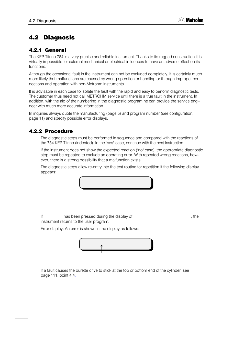 2 diagnosis, 1 general, 2 procedure | Metrohm 784 KFP Titrino User Manual | Page 103 / 153