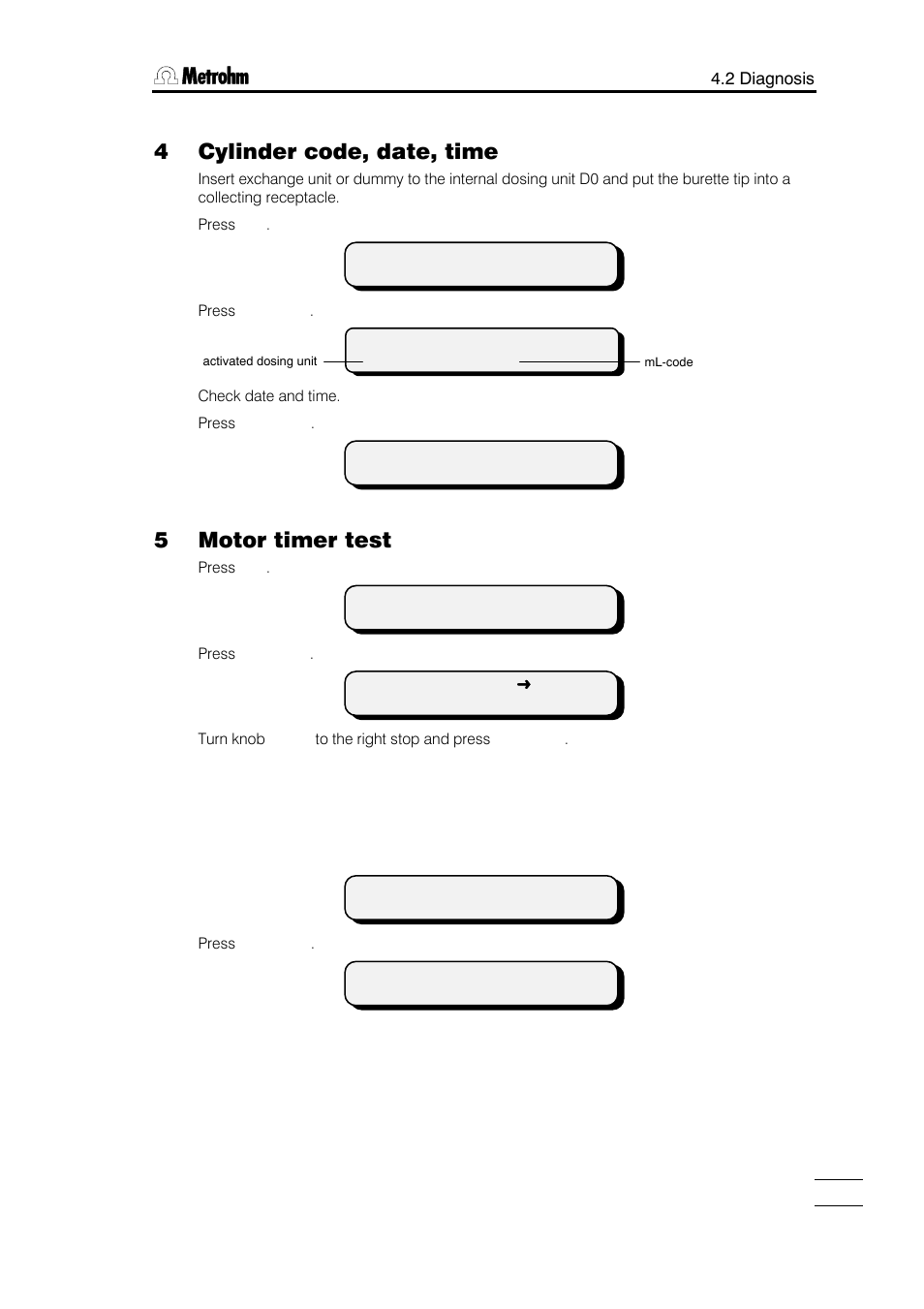 4 cylinder code, date, time, 5 motor timer test | Metrohm 784 KFP Titrino User Manual | Page 106 / 153