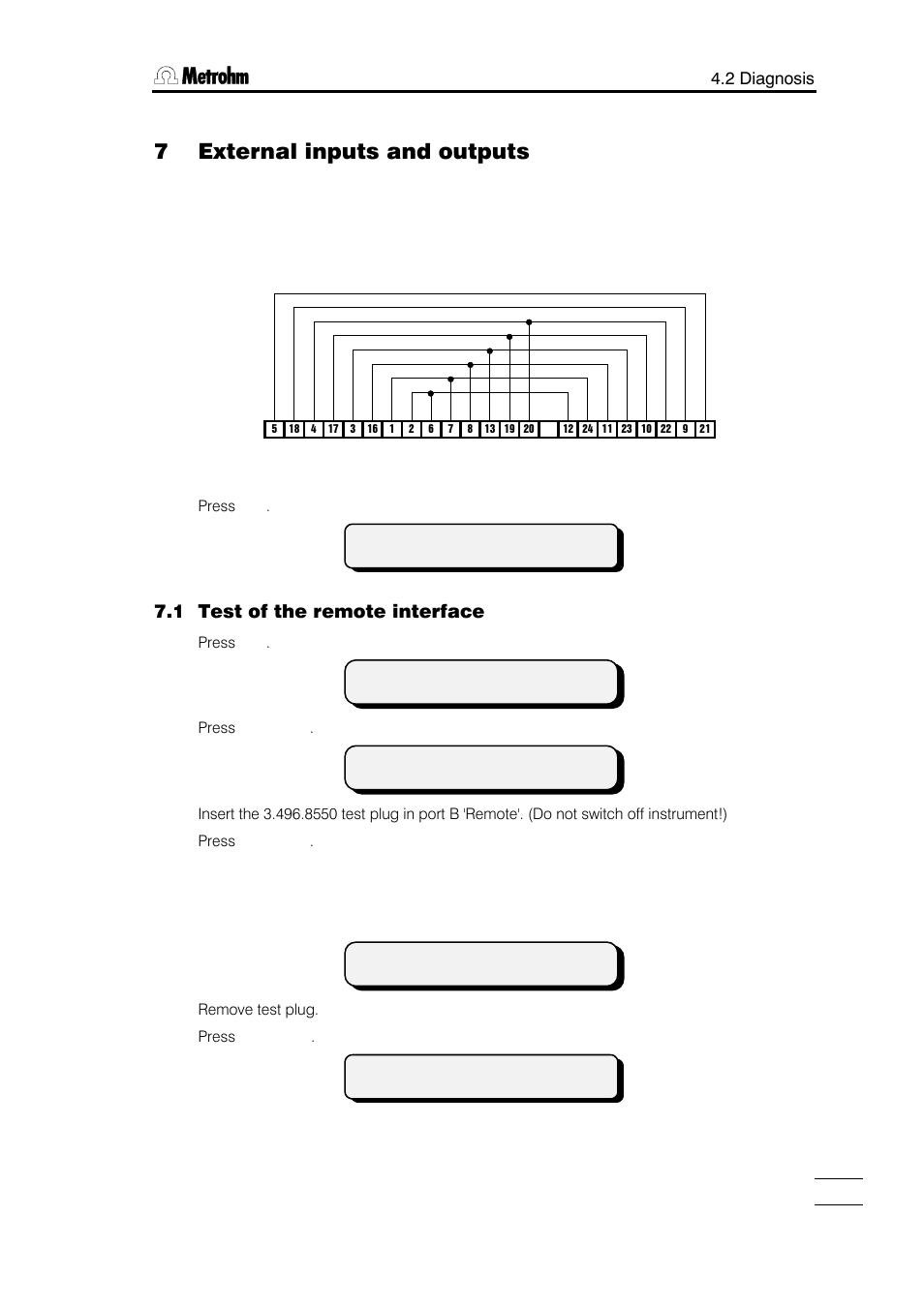 7 external inputs and outputs, 1 test of the remote interface | Metrohm 784 KFP Titrino User Manual | Page 108 / 153