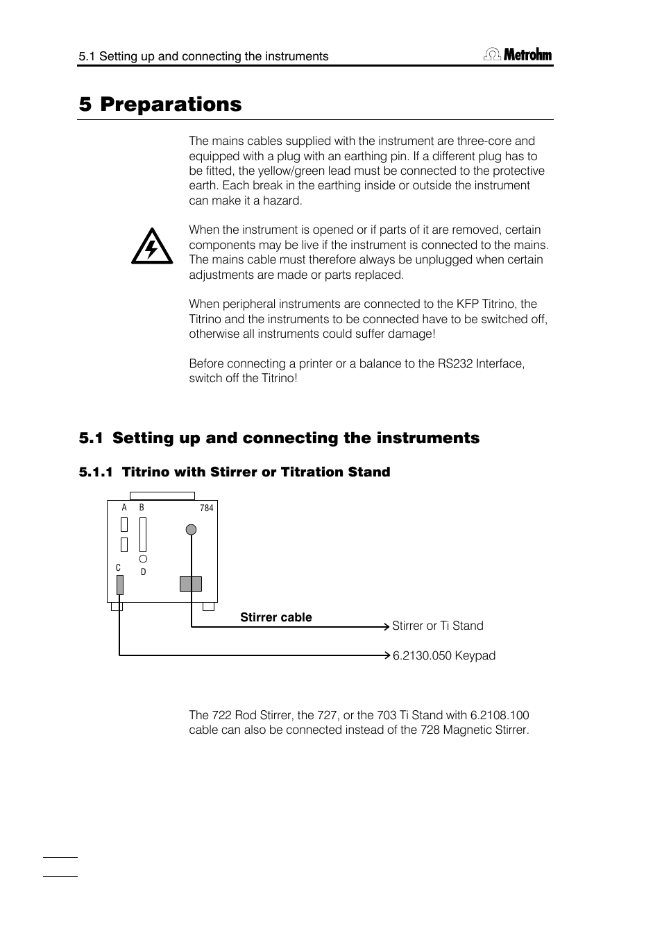 5 preparations, 1 setting up and connecting the instruments | Metrohm 784 KFP Titrino User Manual | Page 115 / 153