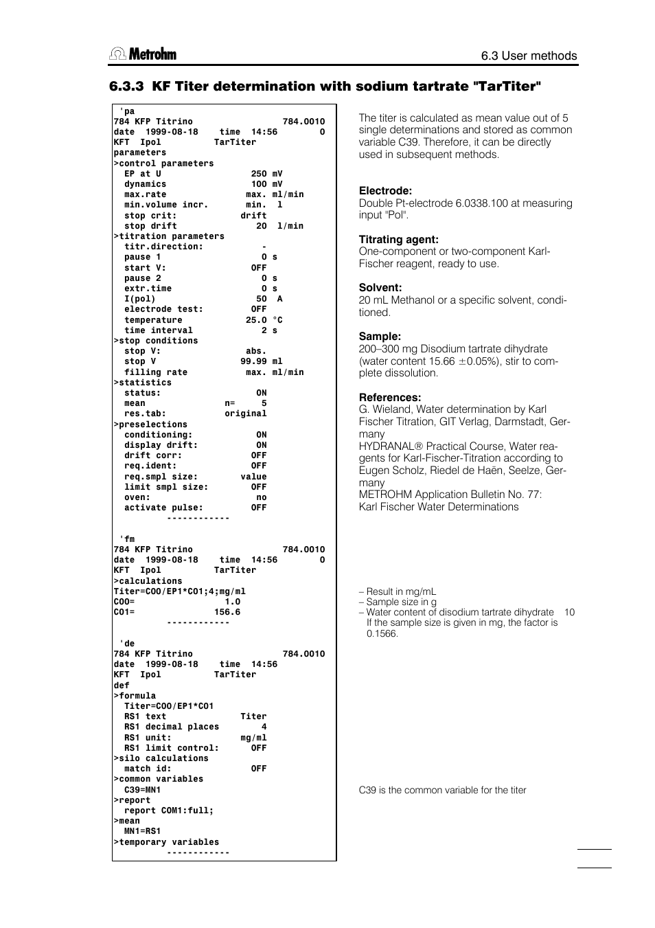 3 user methods | Metrohm 784 KFP Titrino User Manual | Page 134 / 153