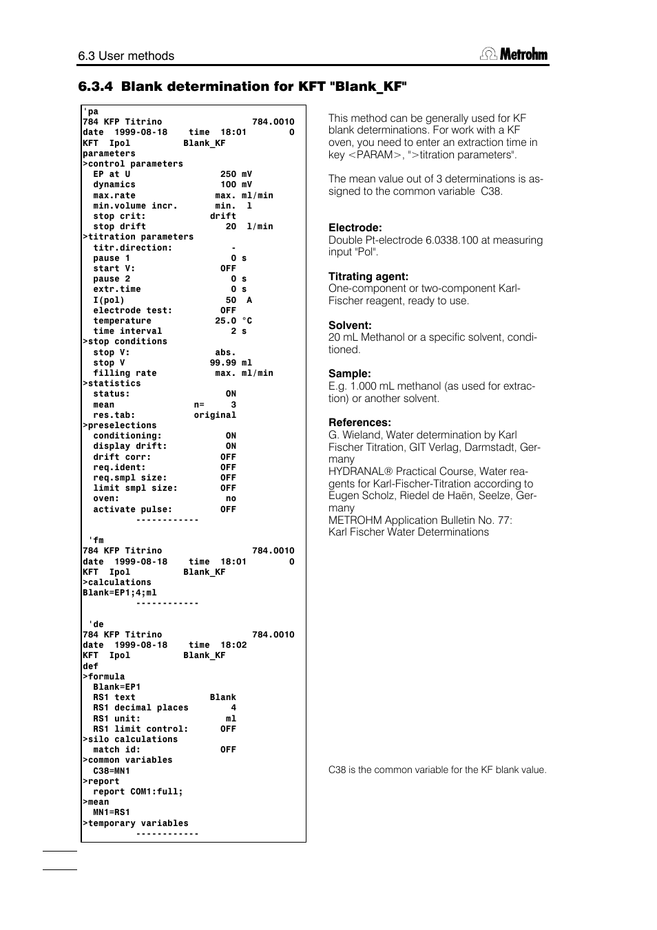 3 user methods | Metrohm 784 KFP Titrino User Manual | Page 135 / 153