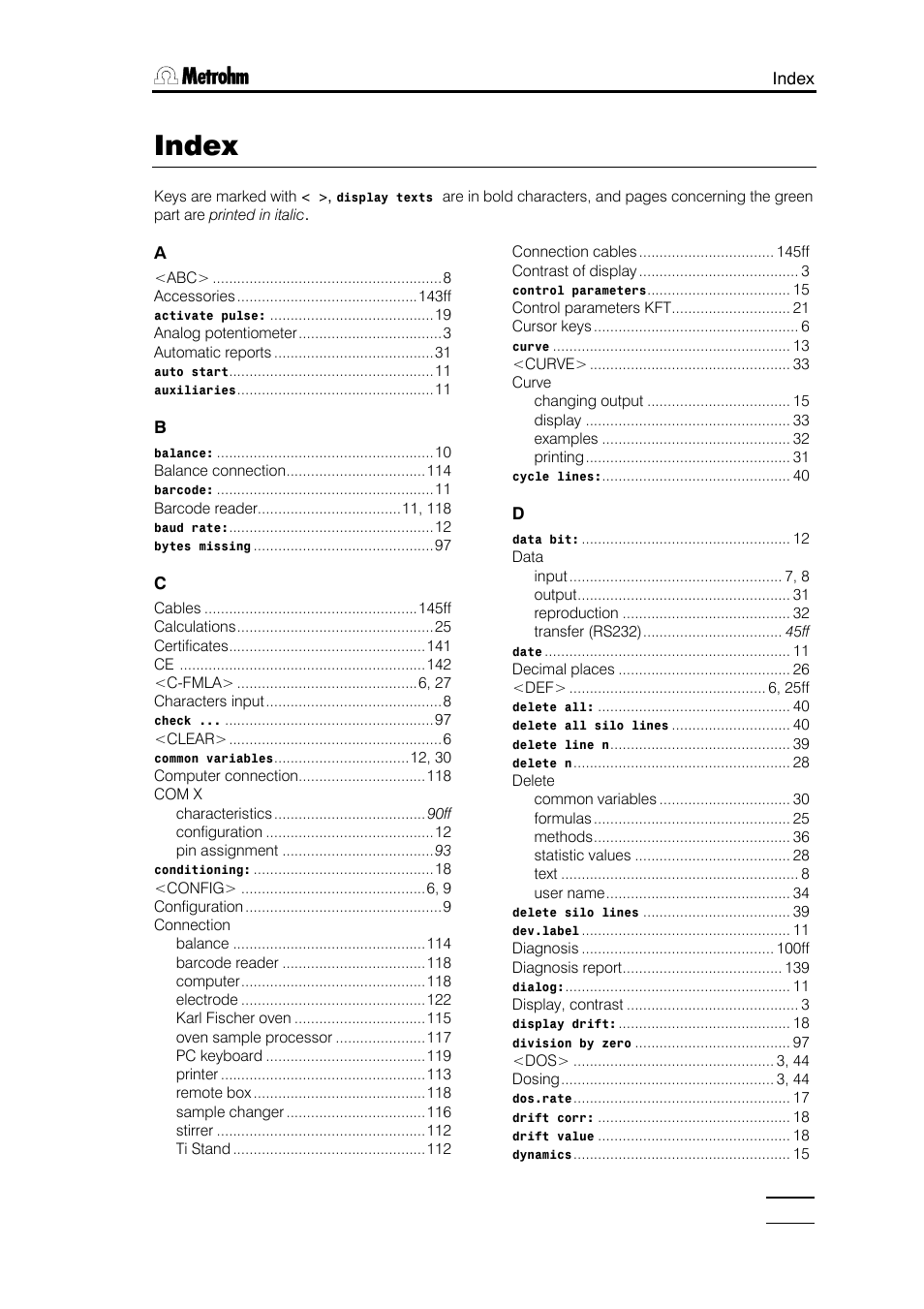 Index | Metrohm 784 KFP Titrino User Manual | Page 150 / 153