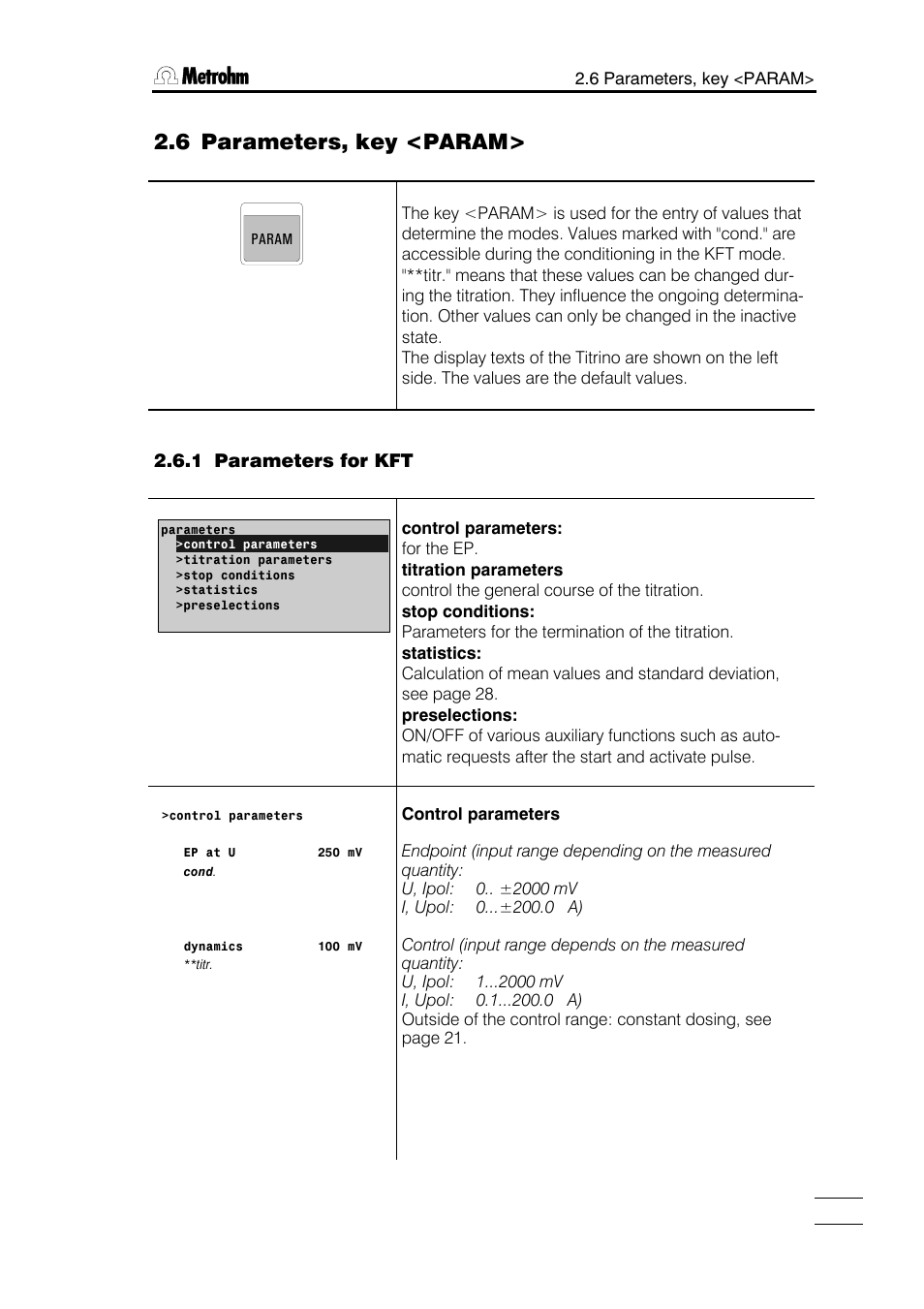 6 parameters, key <param | Metrohm 784 KFP Titrino User Manual | Page 18 / 153