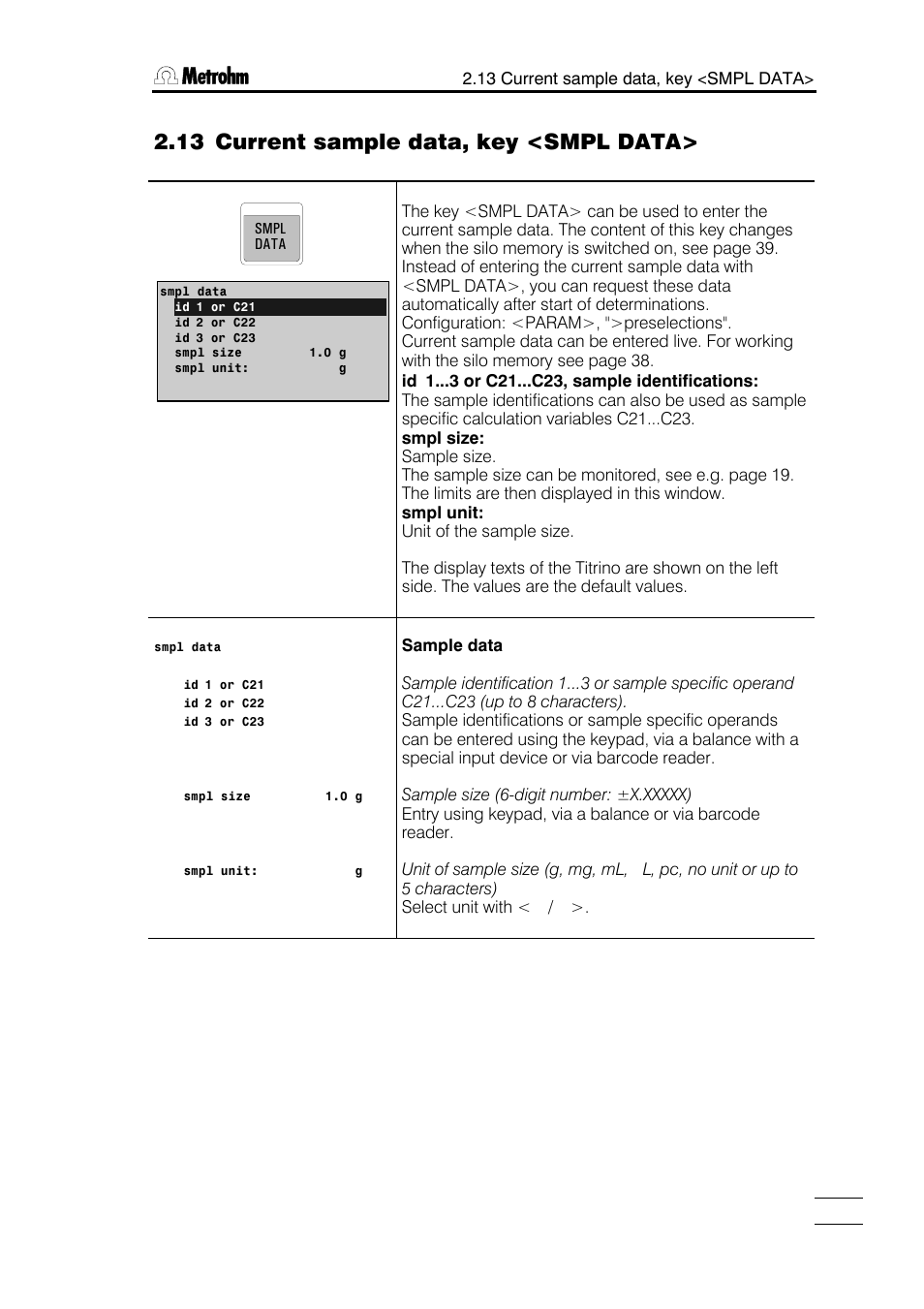 13 current sample data, key <smpl data | Metrohm 784 KFP Titrino User Manual | Page 40 / 153