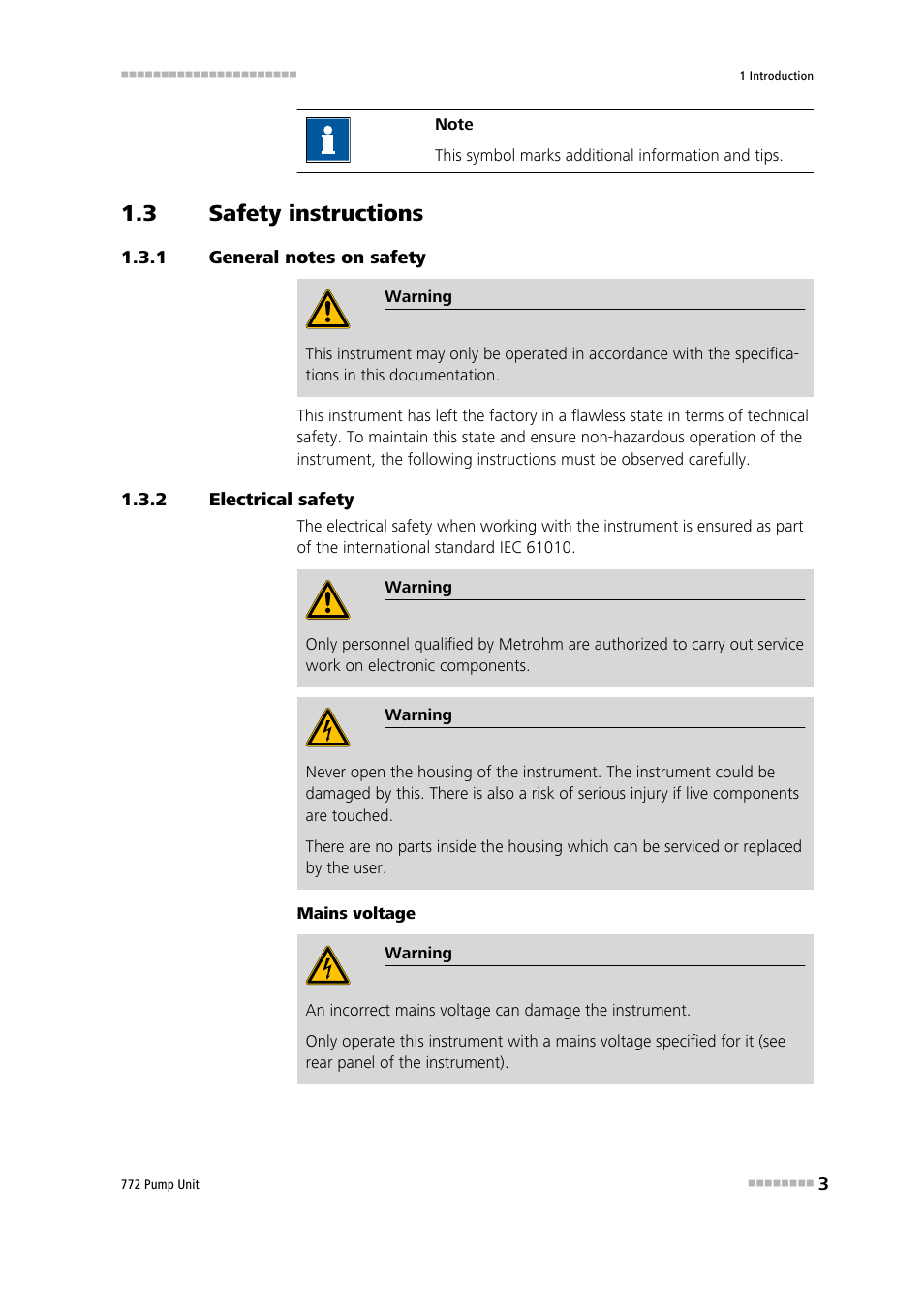 3 safety instructions, 1 general notes on safety, 2 electrical safety | Safety instructions, General notes on safety, Electrical safety | Metrohm 772 Pump Unit User Manual | Page 11 / 46