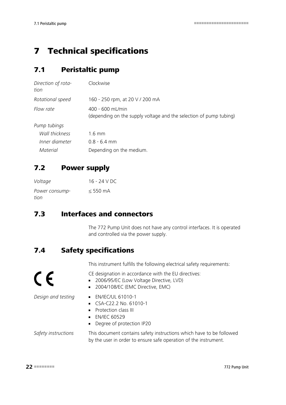 7 technical specifications, 1 peristaltic pump, 2 power supply | 3 interfaces and connectors, 4 safety specifications, Peristaltic pump, Power supply, Interfaces and connectors, Safety specifications | Metrohm 772 Pump Unit User Manual | Page 30 / 46