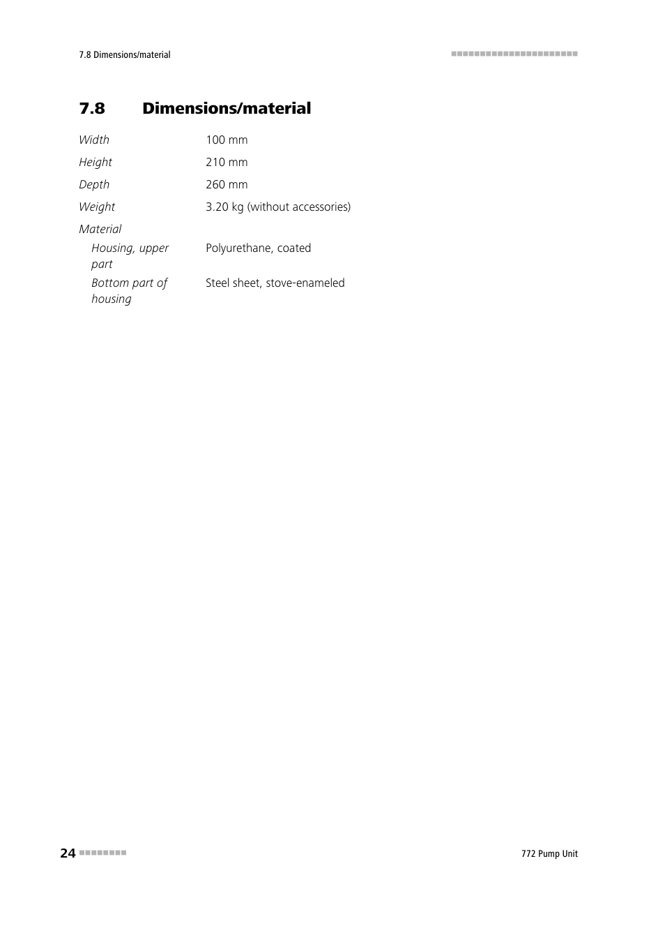 8 dimensions/material, Dimensions/material | Metrohm 772 Pump Unit User Manual | Page 32 / 46