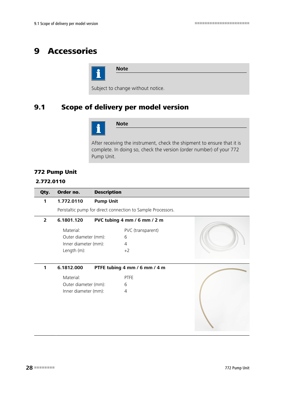 9 accessories, 1 scope of delivery per model version, 1 772 pump unit | Scope of delivery per model version, 772 pump unit | Metrohm 772 Pump Unit User Manual | Page 36 / 46