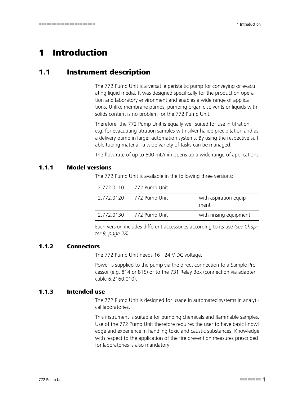 1 introduction, 1 instrument description, 1 model versions | 2 connectors, 3 intended use, Instrument description, Model versions, Connectors, Intended use | Metrohm 772 Pump Unit User Manual | Page 9 / 46