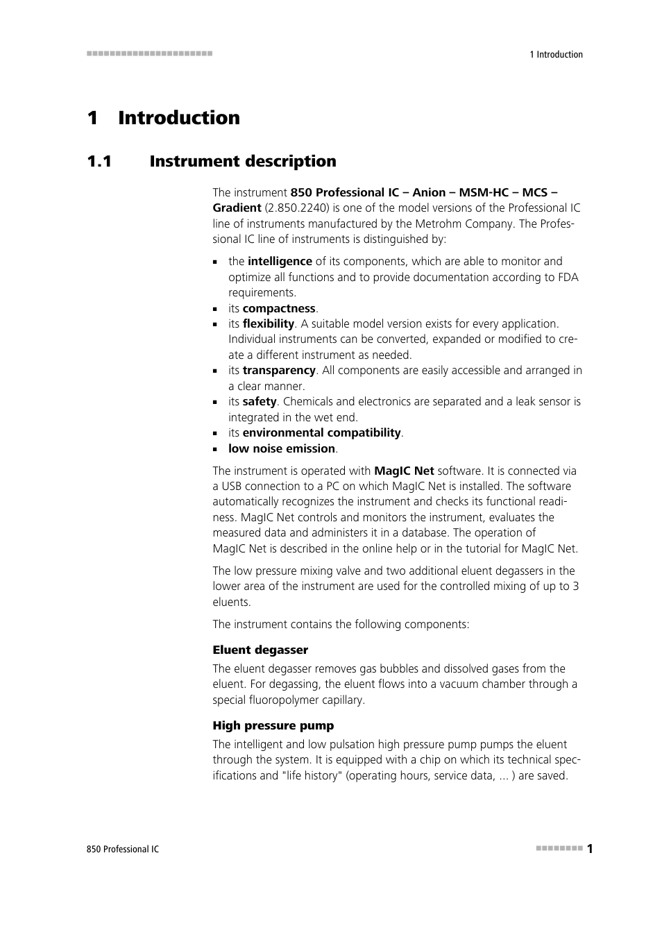 1 introduction, 1 instrument description, Instrument description | Metrohm 850 Professional IC Anion MSM-HC MCS Gradient User Manual | Page 11 / 146