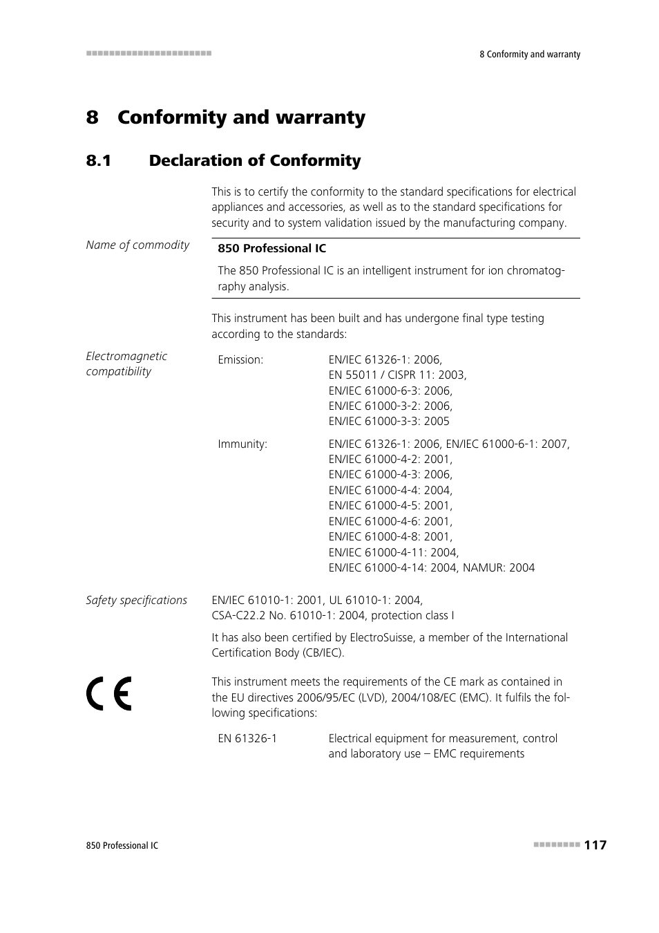 8 conformity and warranty, 1 declaration of conformity, Declaration of conformity | Metrohm 850 Professional IC Anion MSM-HC MCS Gradient User Manual | Page 127 / 146