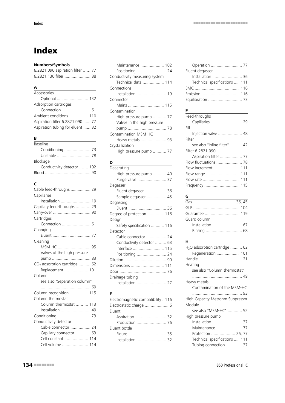 Index | Metrohm 850 Professional IC Anion MSM-HC MCS Gradient User Manual | Page 144 / 146