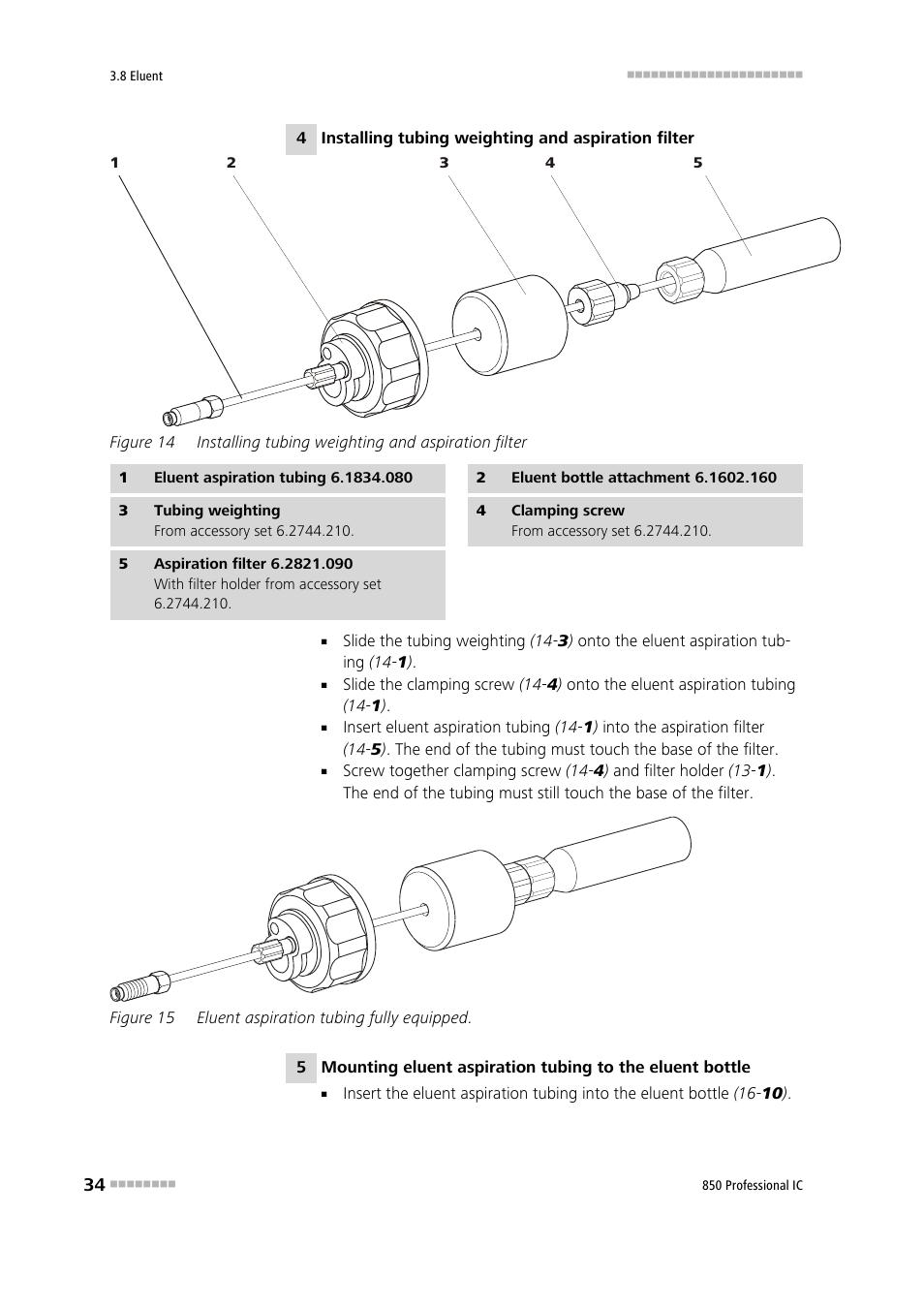 Figure 14, Installing tubing weighting and aspiration filter, Figure 15 | Eluent aspiration tubing fully equipped | Metrohm 850 Professional IC Anion MSM-HC MCS Gradient User Manual | Page 44 / 146