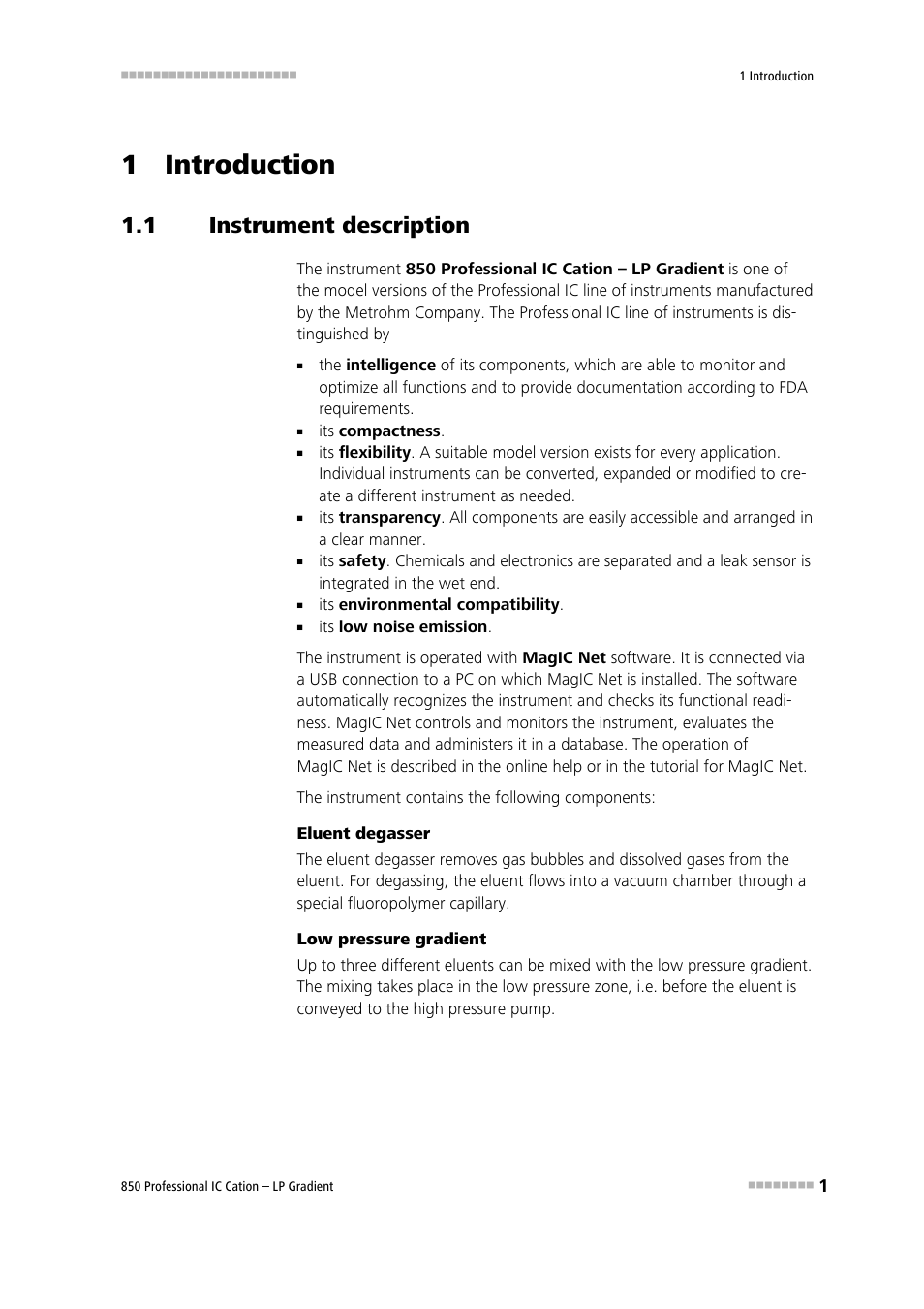 1 introduction, 1 instrument description, Instrument description | Metrohm 850 Professional IC Cation - LP-Gradient User Manual | Page 11 / 117