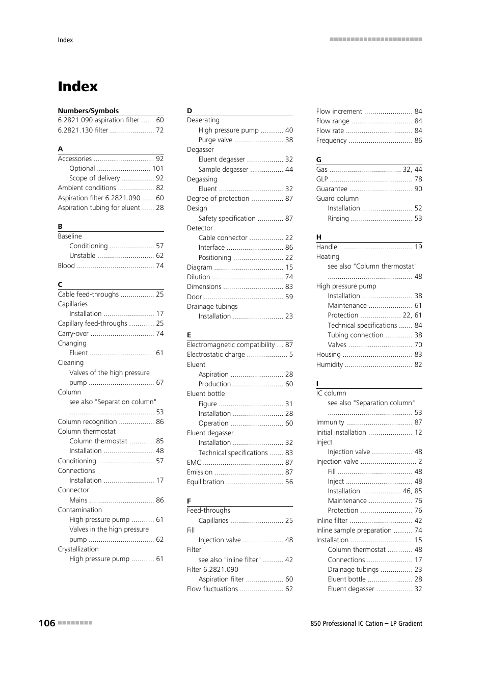Index | Metrohm 850 Professional IC Cation - LP-Gradient User Manual | Page 116 / 117