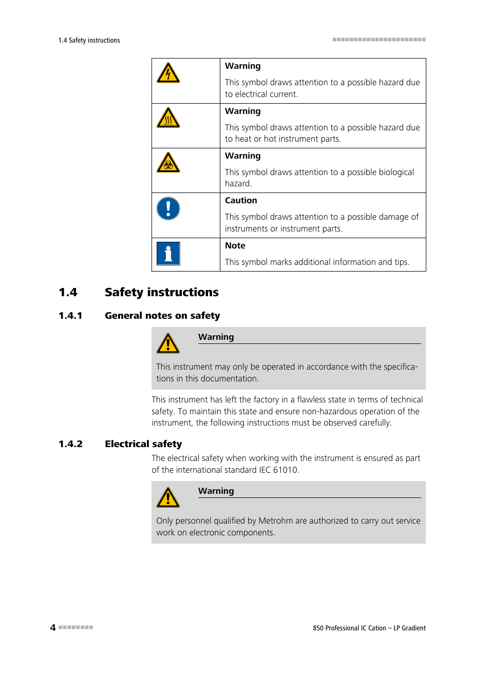 4 safety instructions, 1 general notes on safety, 2 electrical safety | Safety instructions, General notes on safety, Electrical safety | Metrohm 850 Professional IC Cation - LP-Gradient User Manual | Page 14 / 117