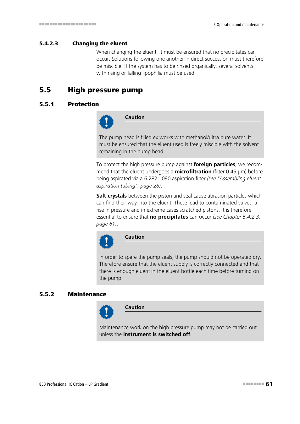 3 changing the eluent, 5 high pressure pump, 1 protection | 2 maintenance, High pressure pump, Protection, Maintenance | Metrohm 850 Professional IC Cation - LP-Gradient User Manual | Page 71 / 117