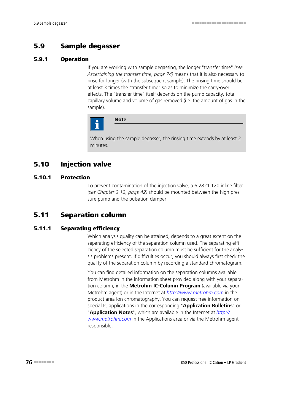 9 sample degasser, 1 operation, 10 injection valve | 1 protection, 11 separation column, 1 separating efficiency, Sample degasser, Operation, Protection, Separating efficiency | Metrohm 850 Professional IC Cation - LP-Gradient User Manual | Page 86 / 117