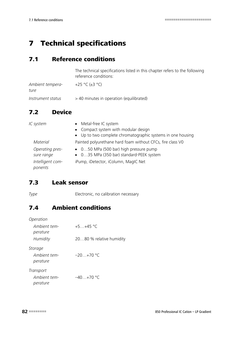 7 technical specifications, 1 reference conditions, 2 device | 3 leak sensor, 4 ambient conditions, Reference conditions, Device, Leak sensor, Ambient conditions | Metrohm 850 Professional IC Cation - LP-Gradient User Manual | Page 92 / 117