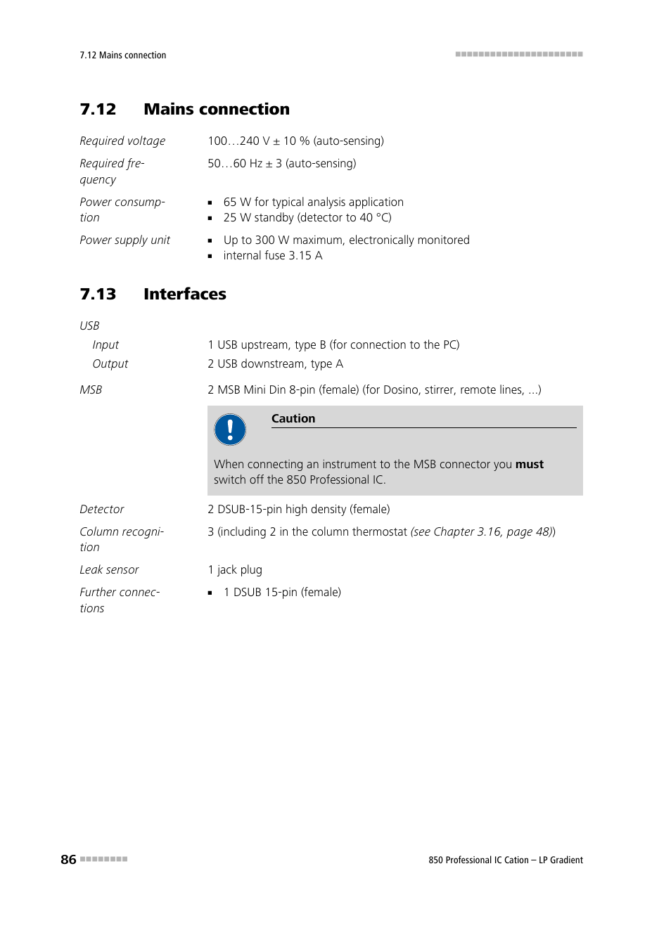 12 mains connection, 13 interfaces | Metrohm 850 Professional IC Cation - LP-Gradient User Manual | Page 96 / 117