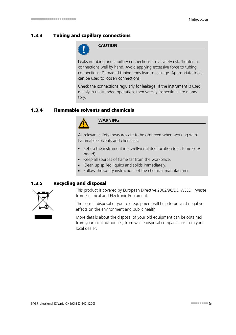 3 tubing and capillary connections, 4 flammable solvents and chemicals, 5 recycling and disposal | Tubing and capillary connections, Flammable solvents and chemicals, Recycling and disposal | Metrohm 940 Professional IC Vario ONE/ChS User Manual | Page 13 / 111