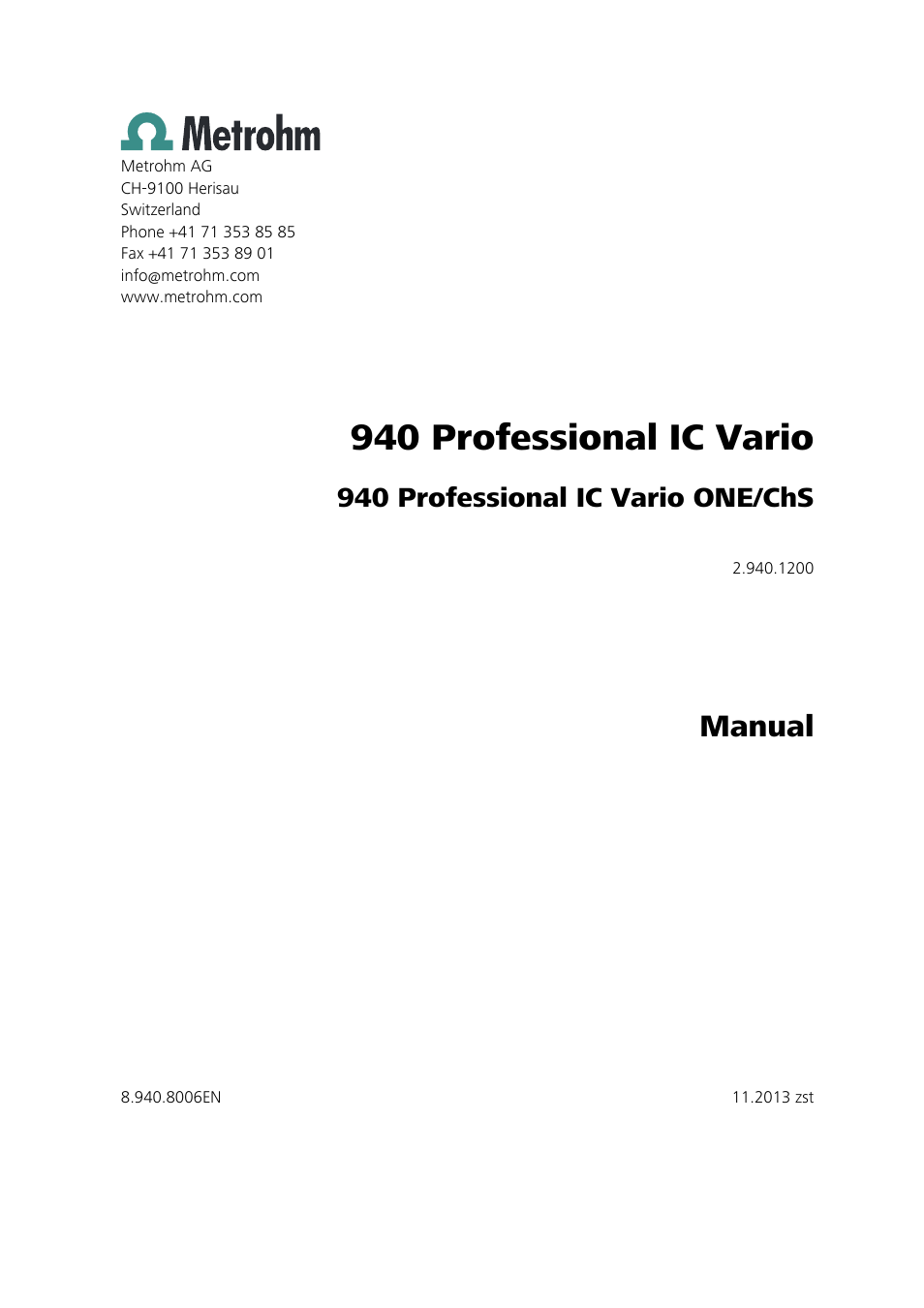 940 professional ic vario, Manual, 940 professional ic vario one/chs | Metrohm 940 Professional IC Vario ONE/ChS User Manual | Page 3 / 111