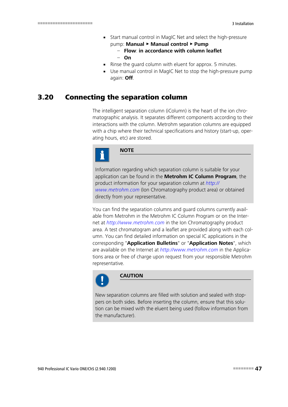 20 connecting the separation column | Metrohm 940 Professional IC Vario ONE/ChS User Manual | Page 55 / 111