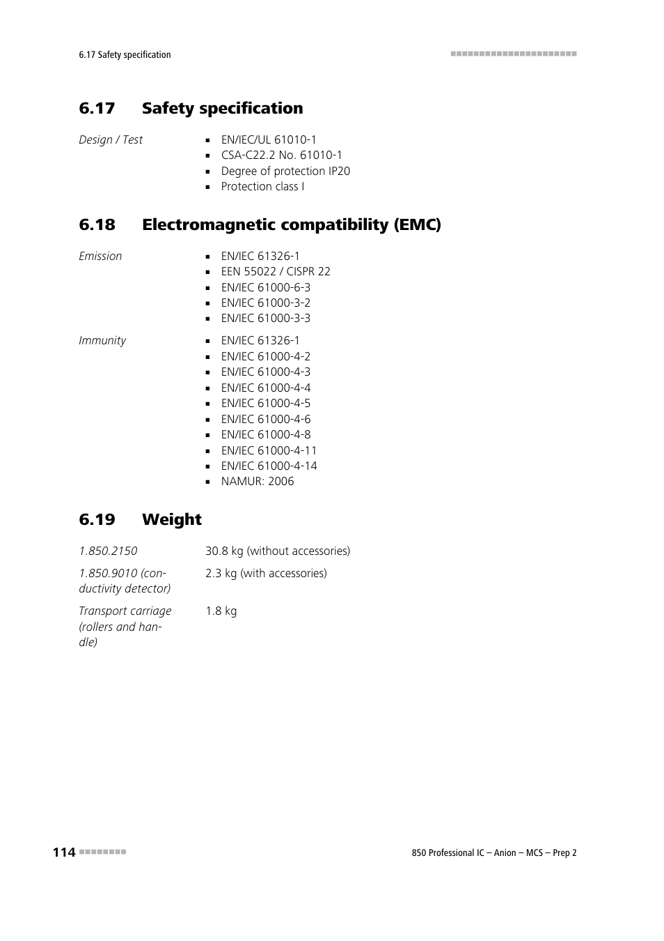 17 safety specification, 18 electromagnetic compatibility (emc), 19 weight | Metrohm 850 Professional IC Anion MCS Prep 2 User Manual | Page 124 / 146