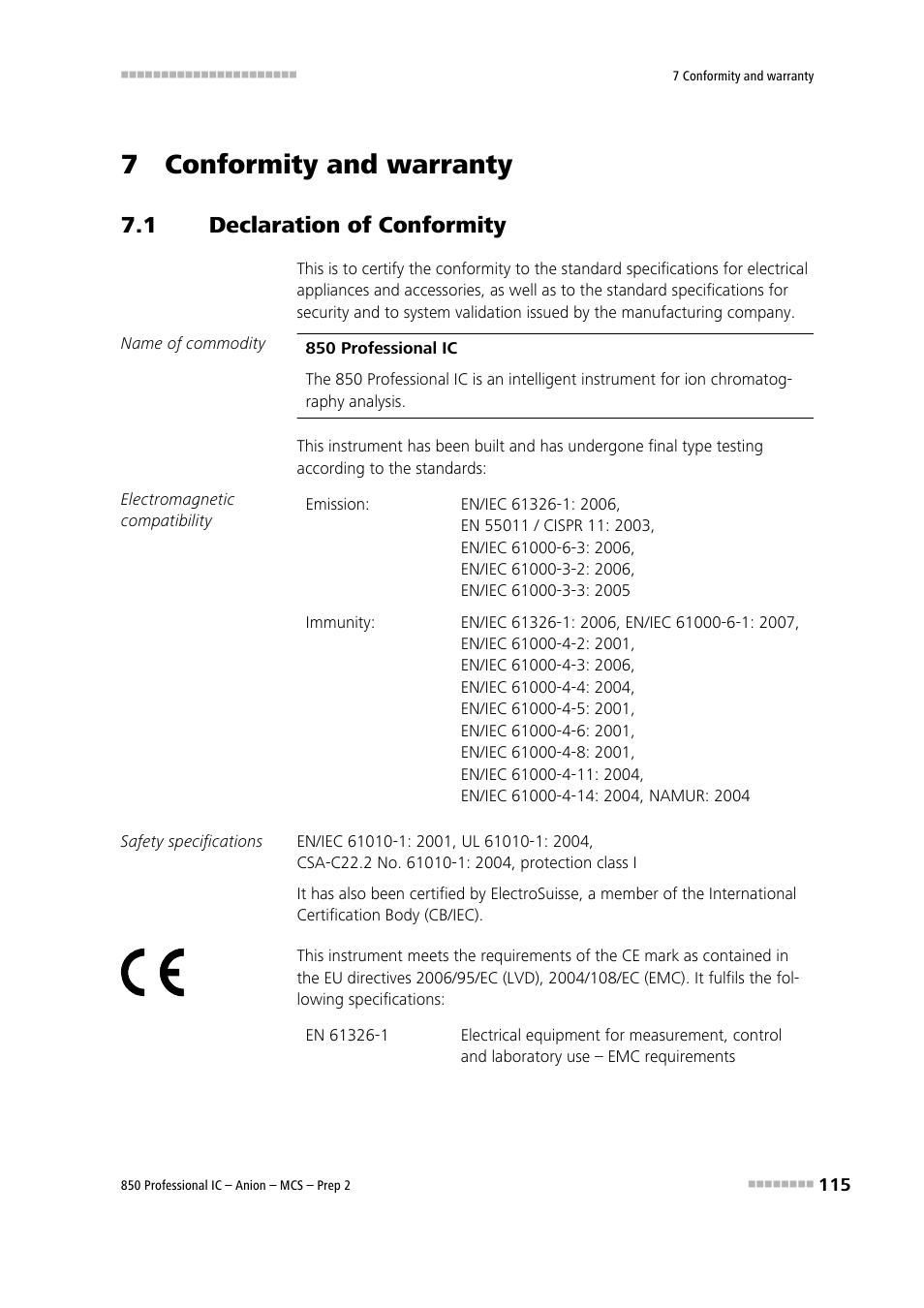 7 conformity and warranty, 1 declaration of conformity, Declaration of conformity | Metrohm 850 Professional IC Anion MCS Prep 2 User Manual | Page 125 / 146