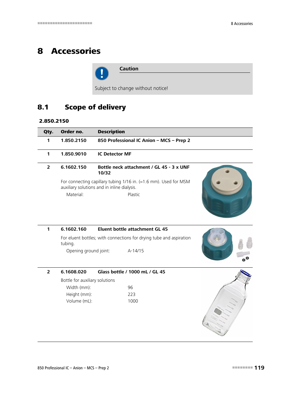 8 accessories, 1 scope of delivery, Scope of delivery | Metrohm 850 Professional IC Anion MCS Prep 2 User Manual | Page 129 / 146