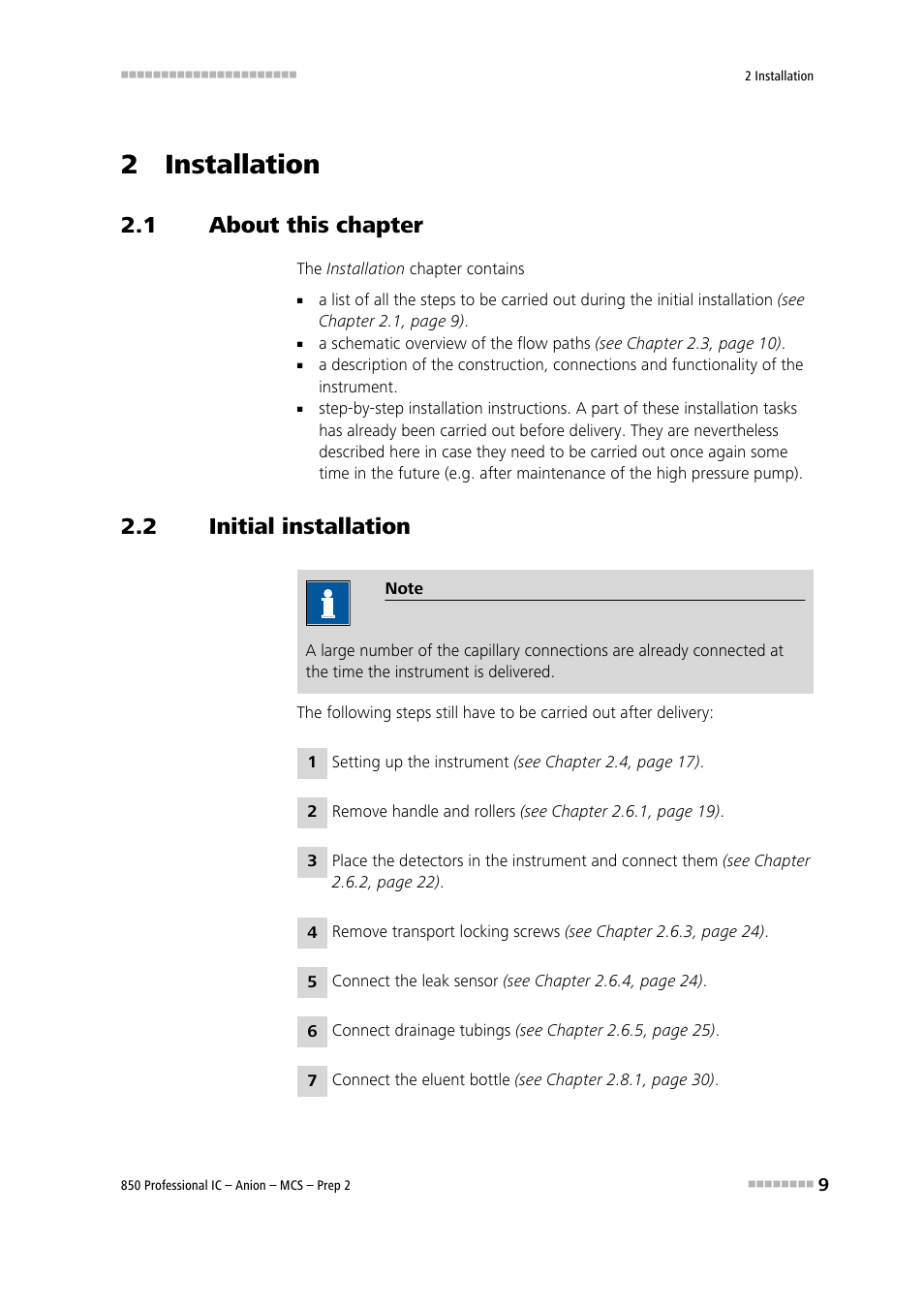 2 installation, 1 about this chapter, 2 initial installation | About this chapter, Initial installation | Metrohm 850 Professional IC Anion MCS Prep 2 User Manual | Page 19 / 146