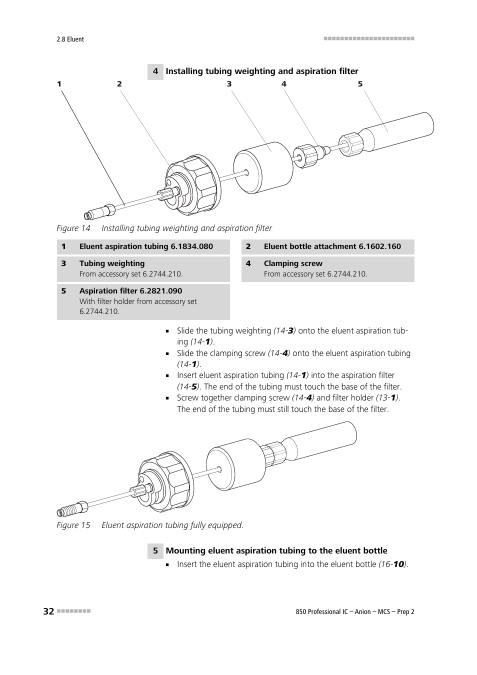 Figure 14, Installing tubing weighting and aspiration filter, Figure 15 | Eluent aspiration tubing fully equipped | Metrohm 850 Professional IC Anion MCS Prep 2 User Manual | Page 42 / 146