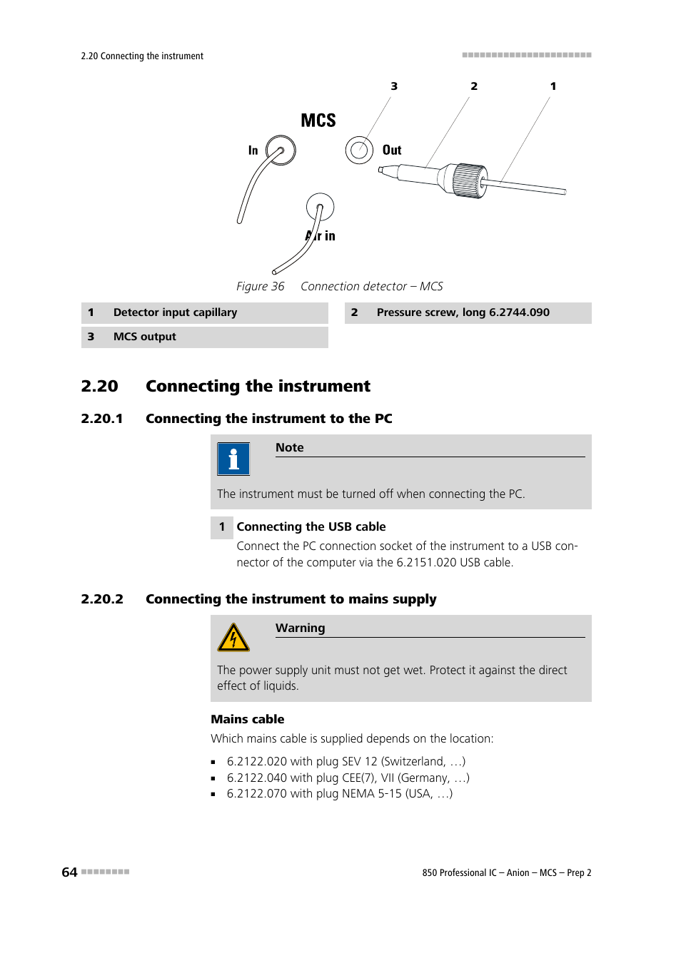 20 connecting the instrument, 1 connecting the instrument to the pc, 2 connecting the instrument to mains supply | Connecting the instrument to the pc, Connecting the instrument to mains supply, Figure 36, Connection detector – mcs | Metrohm 850 Professional IC Anion MCS Prep 2 User Manual | Page 74 / 146