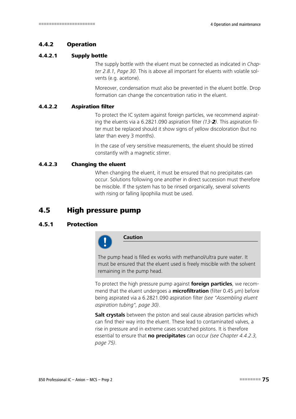 2 operation, 1 supply bottle, 2 aspiration filter | 3 changing the eluent, 5 high pressure pump, 1 protection, Operation, High pressure pump, Protection | Metrohm 850 Professional IC Anion MCS Prep 2 User Manual | Page 85 / 146