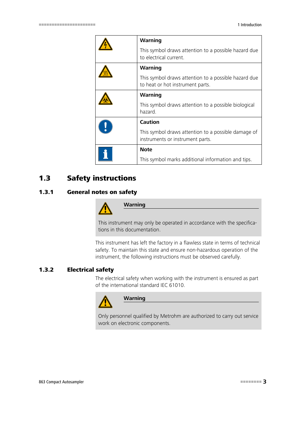 3 safety instructions, 1 general notes on safety, 2 electrical safety | Safety instructions, General notes on safety, Electrical safety | Metrohm 863 Compact Autosampler User Manual | Page 13 / 99