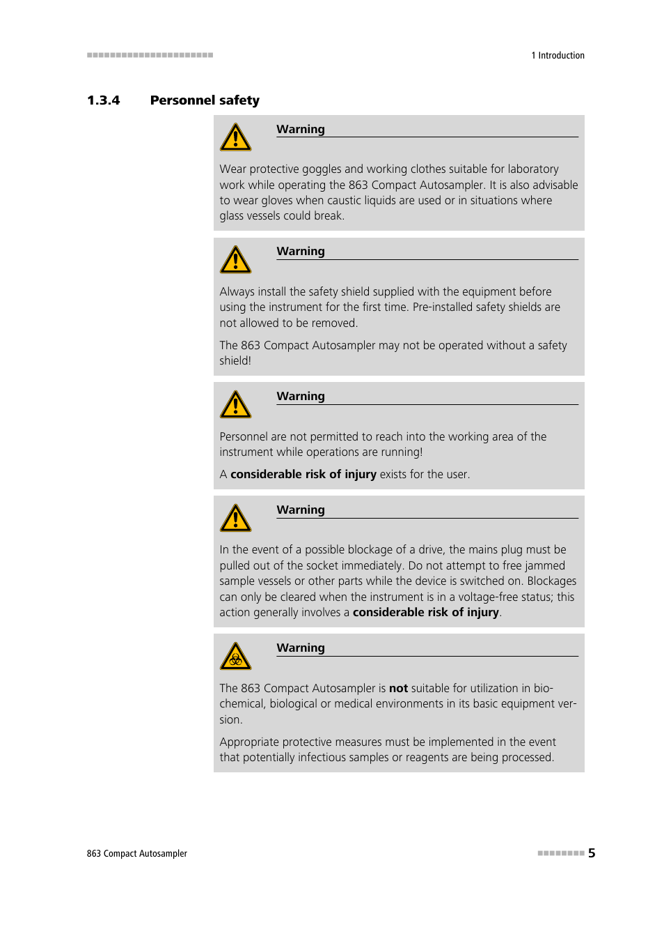 4 personnel safety, Personnel safety | Metrohm 863 Compact Autosampler User Manual | Page 15 / 99