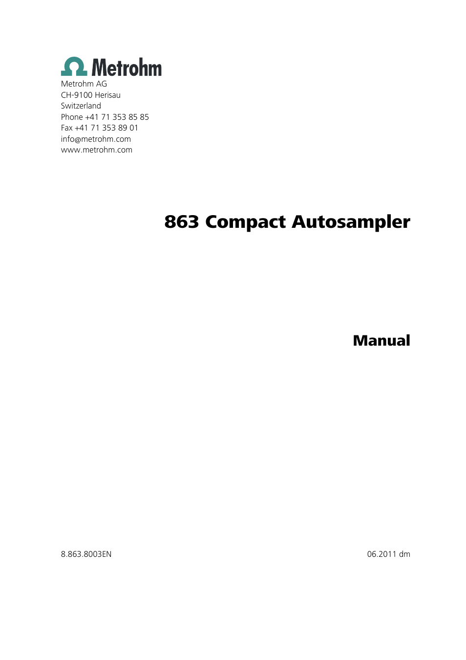 863 compact autosampler, Manual | Metrohm 863 Compact Autosampler User Manual | Page 3 / 99