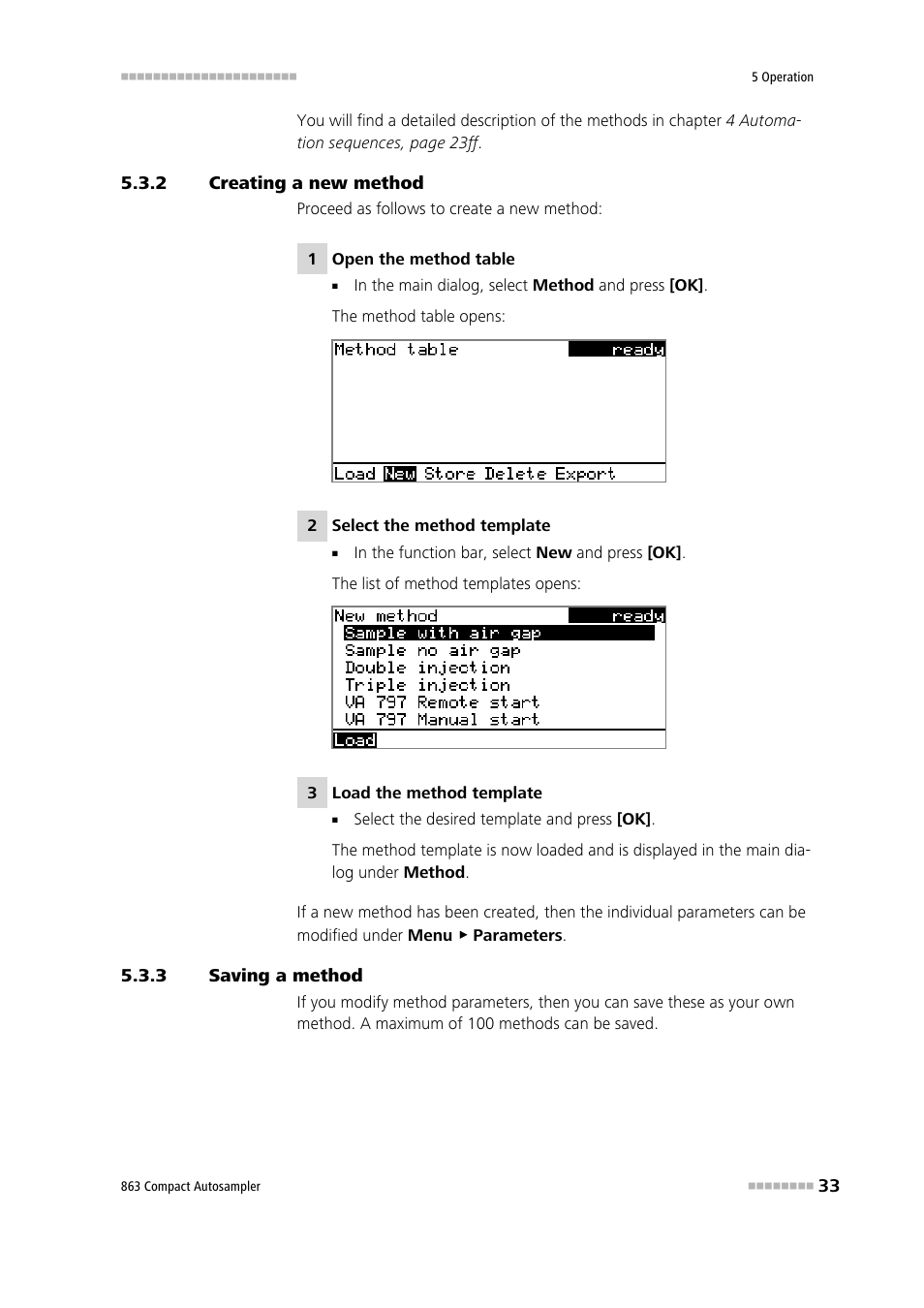 2 creating a new method, 3 saving a method, Creating a new method | Saving a method | Metrohm 863 Compact Autosampler User Manual | Page 43 / 99