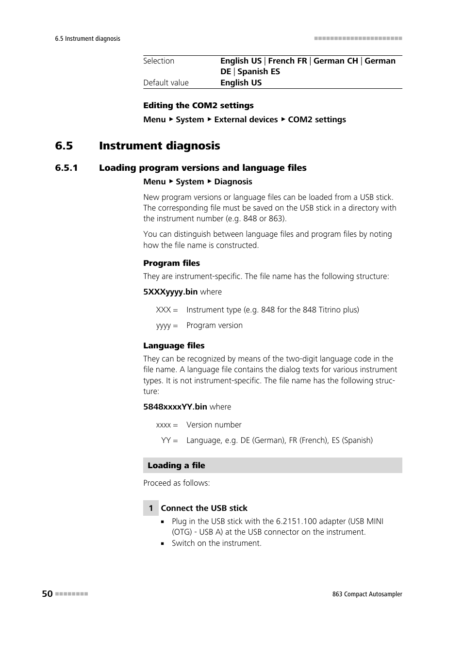 5 instrument diagnosis, 1 loading program versions and language files, Instrument diagnosis | Loading program versions and language files | Metrohm 863 Compact Autosampler User Manual | Page 60 / 99