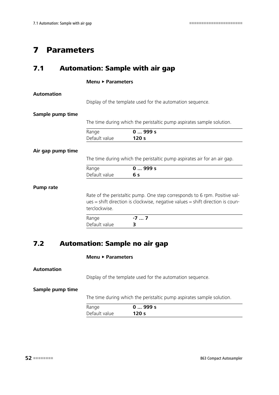 7 parameters, 1 automation: sample with air gap, 2 automation: sample no air gap | Automation: sample with air gap, Automation: sample no air gap | Metrohm 863 Compact Autosampler User Manual | Page 62 / 99