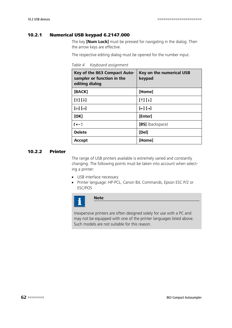 1 numerical usb keypad 6.2147.000, 2 printer, Numerical usb keypad 6.2147.000 | Printer | Metrohm 863 Compact Autosampler User Manual | Page 72 / 99