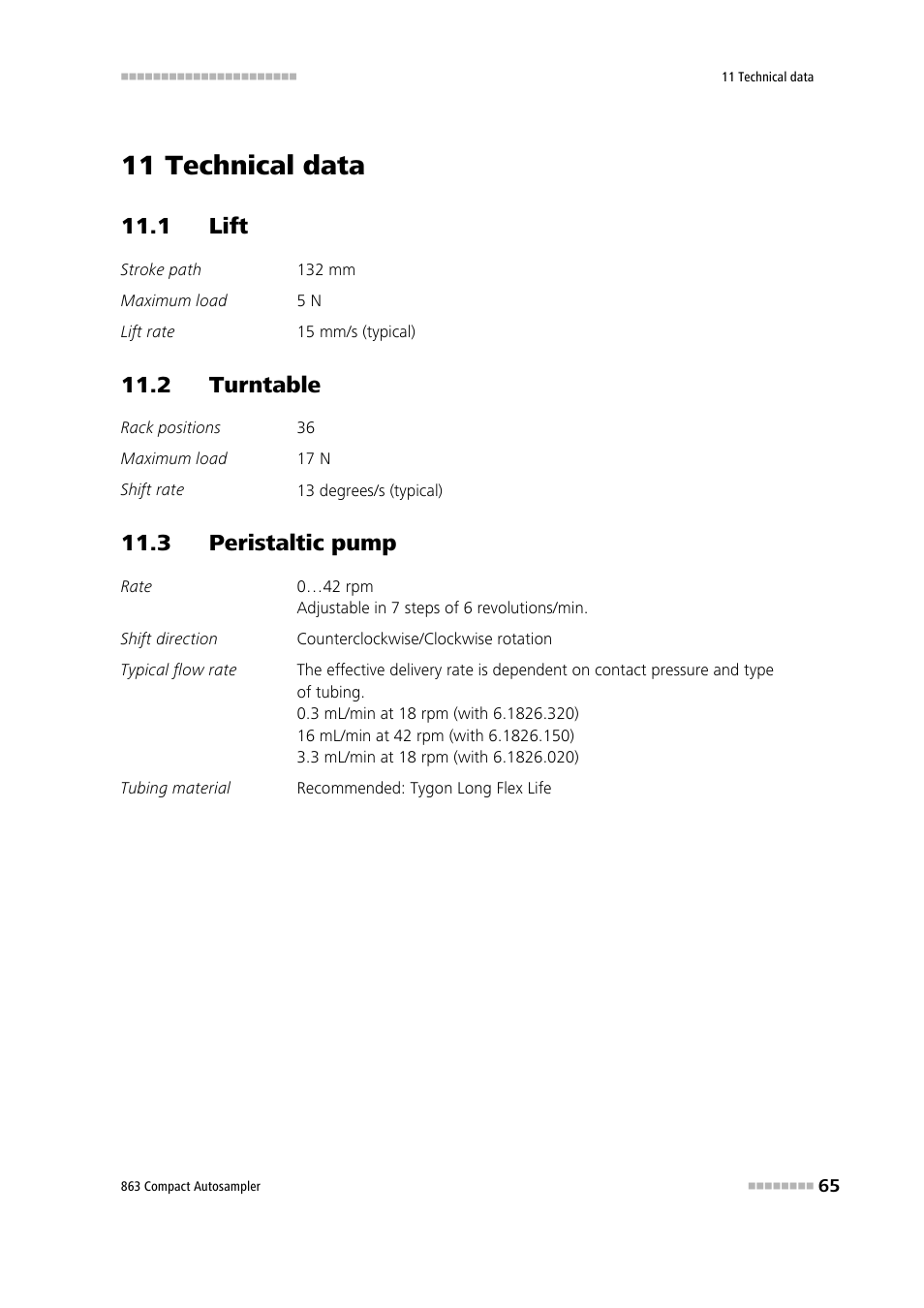 11 technical data, 1 lift, 2 turntable | 3 peristaltic pump | Metrohm 863 Compact Autosampler User Manual | Page 75 / 99