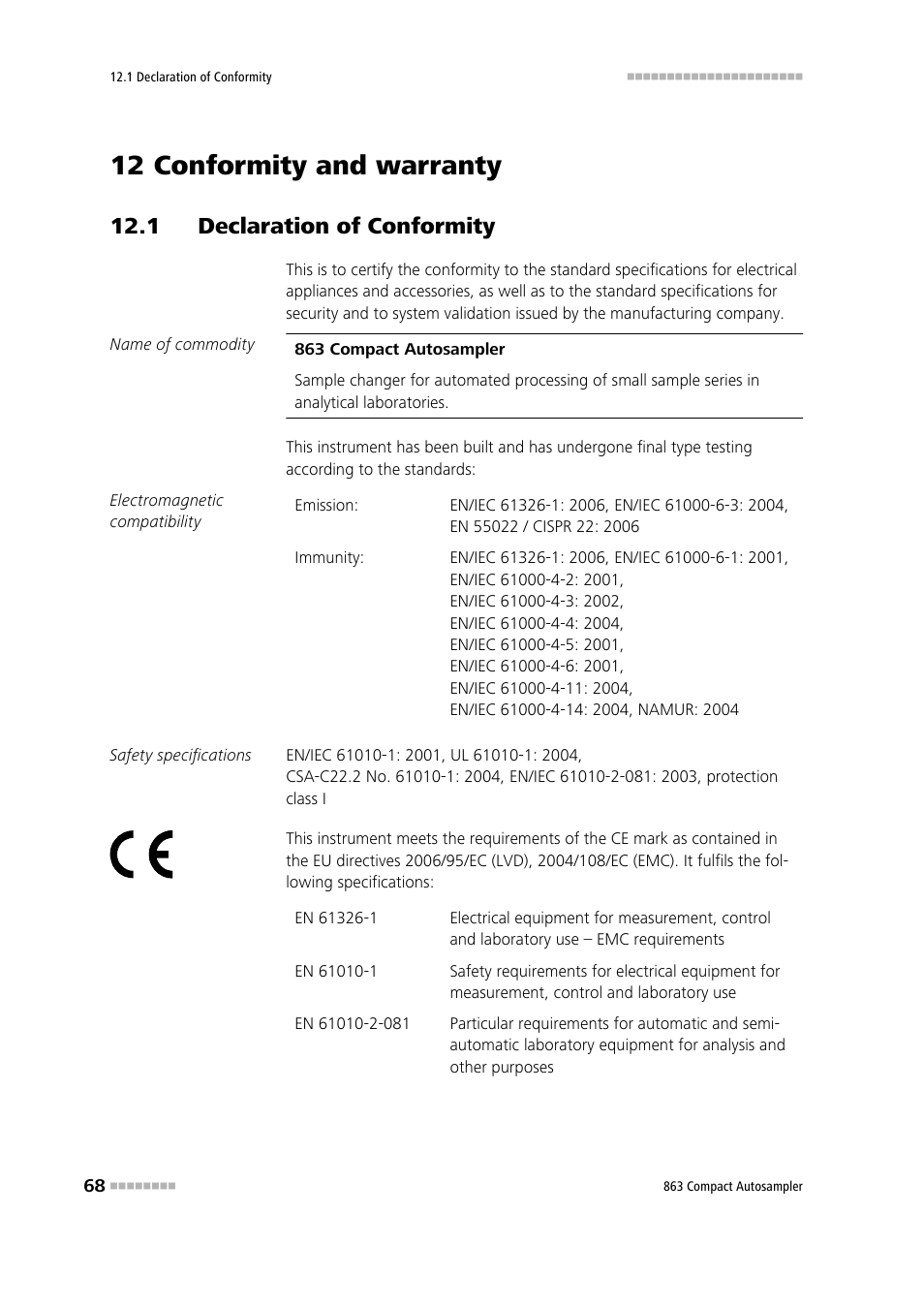 12 conformity and warranty, 1 declaration of conformity | Metrohm 863 Compact Autosampler User Manual | Page 78 / 99