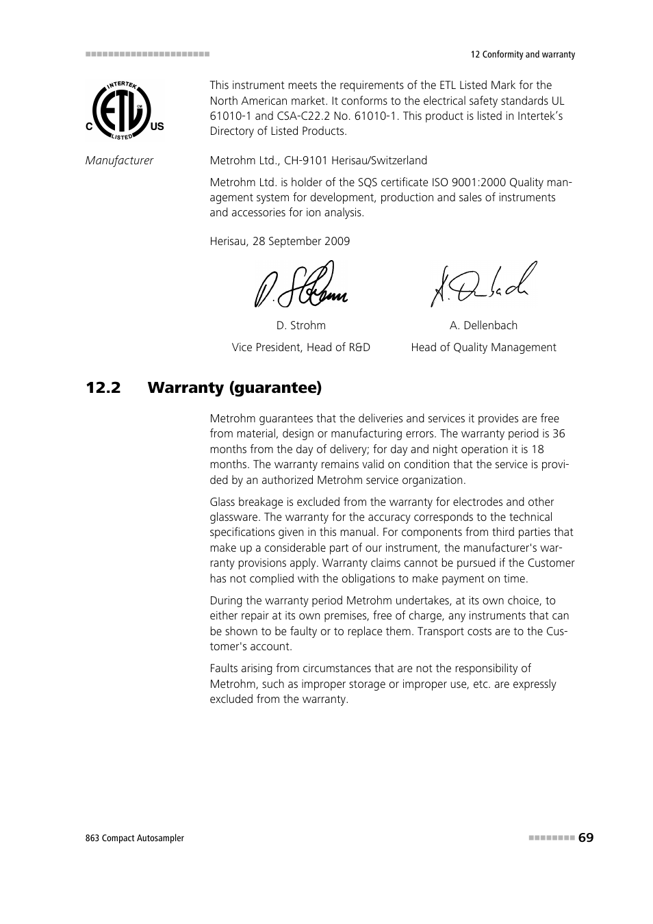 2 warranty (guarantee) | Metrohm 863 Compact Autosampler User Manual | Page 79 / 99