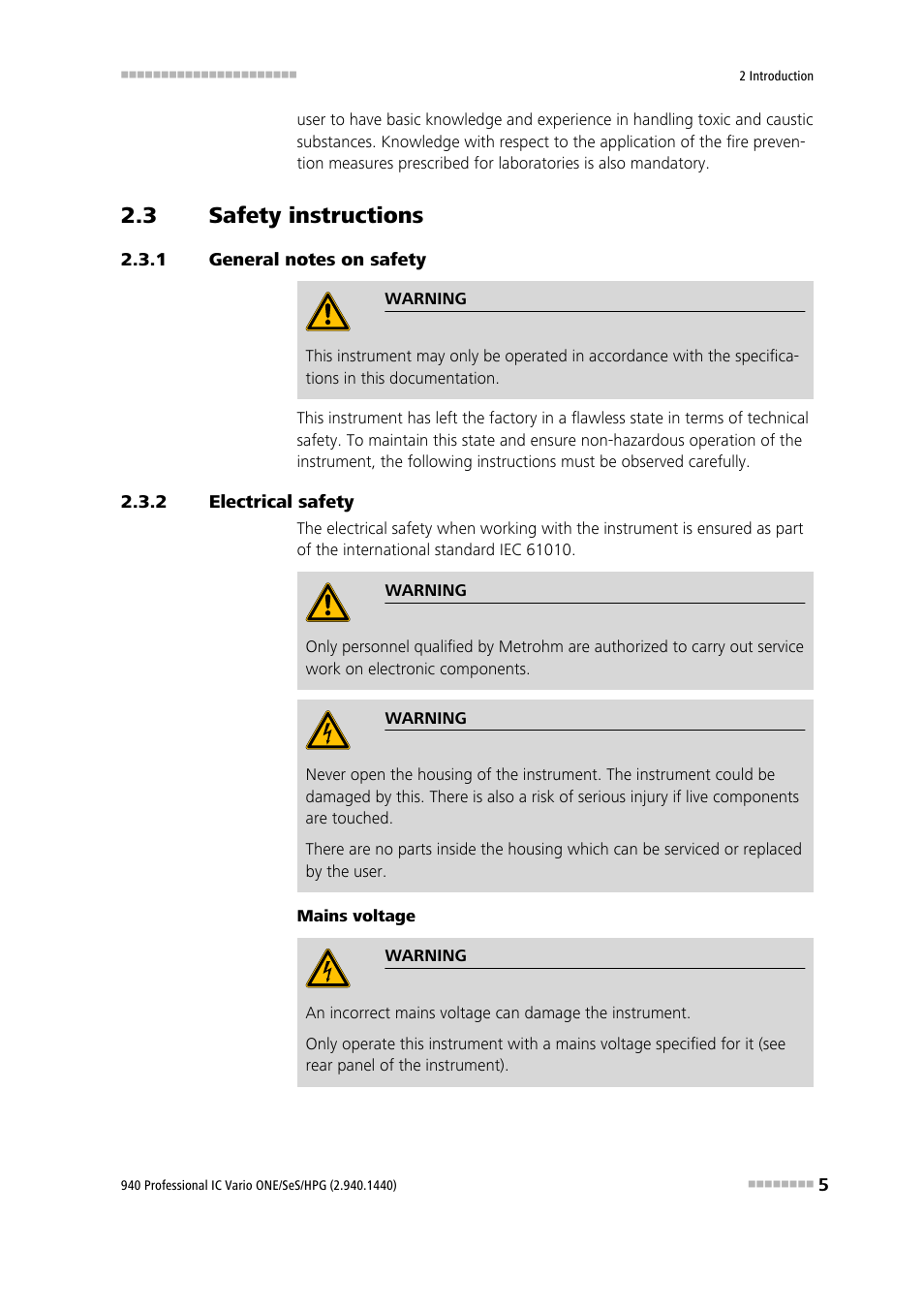 3 safety instructions, 1 general notes on safety, 2 electrical safety | Safety instructions, General notes on safety, Electrical safety | Metrohm 940 Professional IC Vario ONE/SeS/HPG User Manual | Page 13 / 51